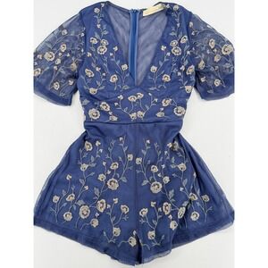 Magnolia South Blue Embroidered Mesh Romper Floral S Boho